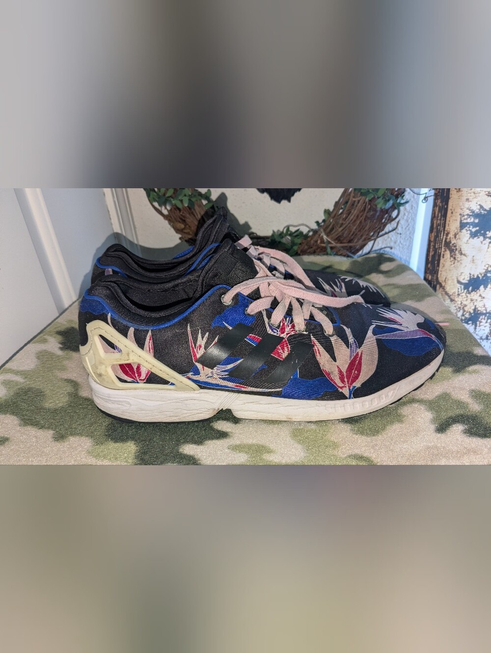 adidas Black Floral Athletic Sneakers with Pink Laces